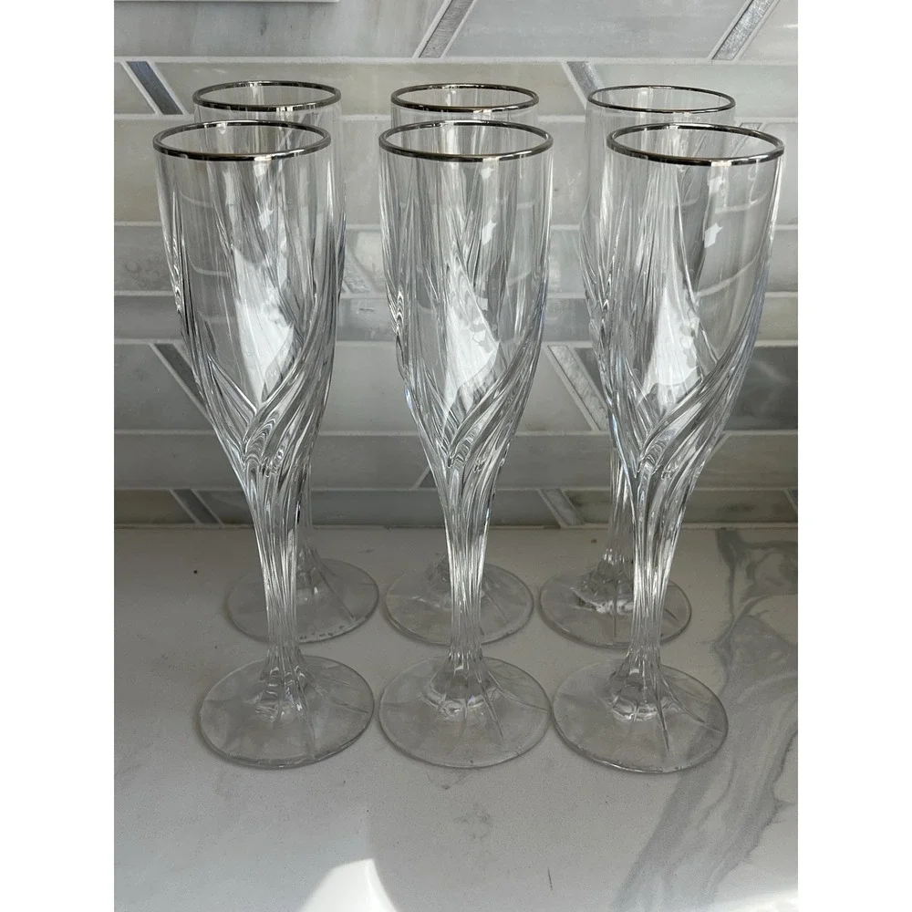 Set of 6 Lenox Cut Crystal DEBUT Platinum Rim Champagne Flute Wine Glass